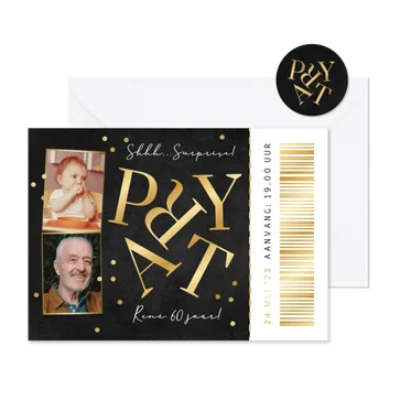 Verjaardag uitnodiging surprise ticket goud party confetti